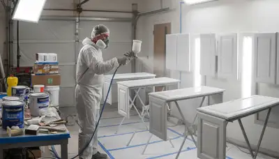 Professional cabinet painting process in Overland Park KS showing smooth spray finish on kitchen cabinets