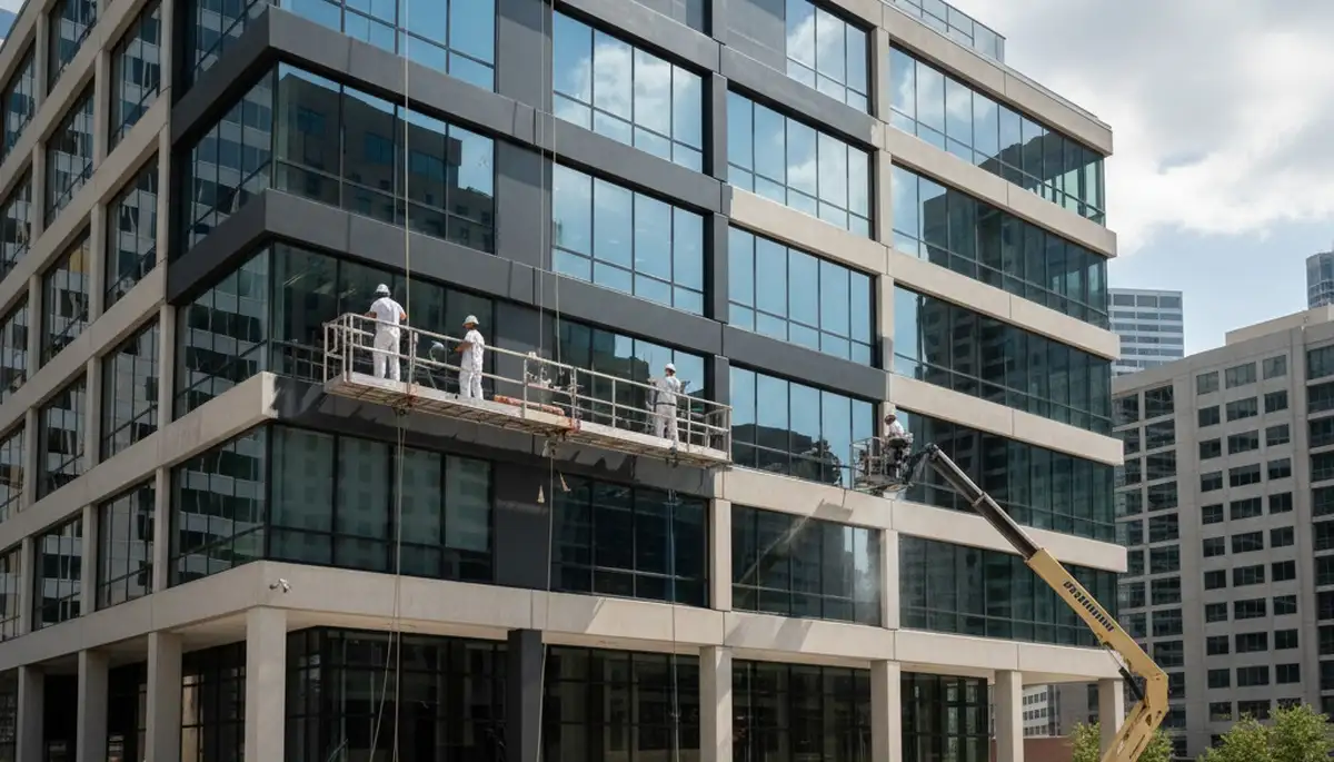 Professional commercial painters in Overland Park KS applying fresh coats to business exterior