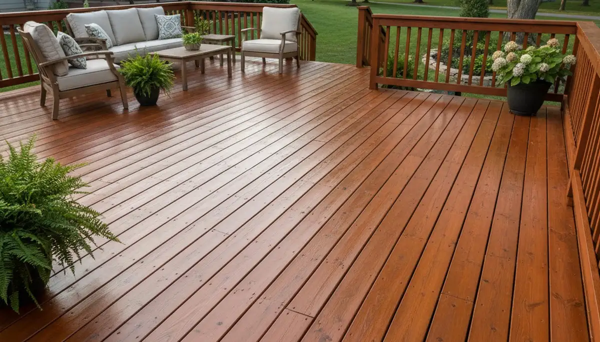 Finished deck staining showcasing rich wood finish and weather protection in Overland Park, KS