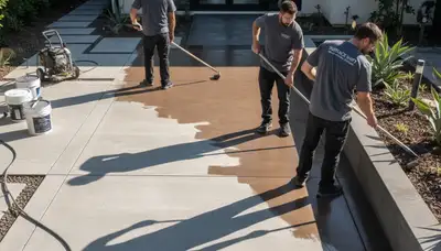 Professional concrete staining on driveway by house painters in Overland Park, KS