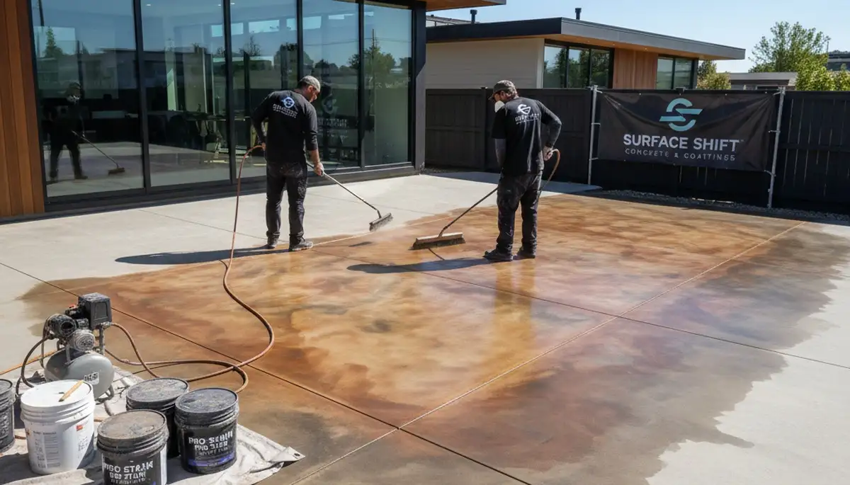 Professional concrete staining on patio surface in Overland Park, KS by local house painting experts