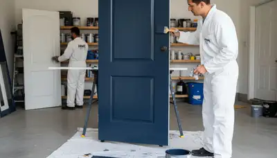 Professional painter refinishing front door in Overland Park KS for expert residential painting service