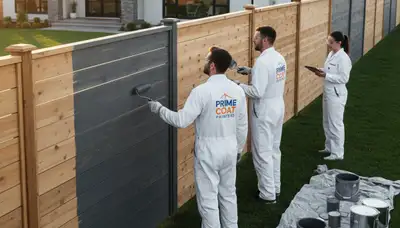 Professional fence painters staining wood fence in Overland Park, KS for durable, weather-resistant finish