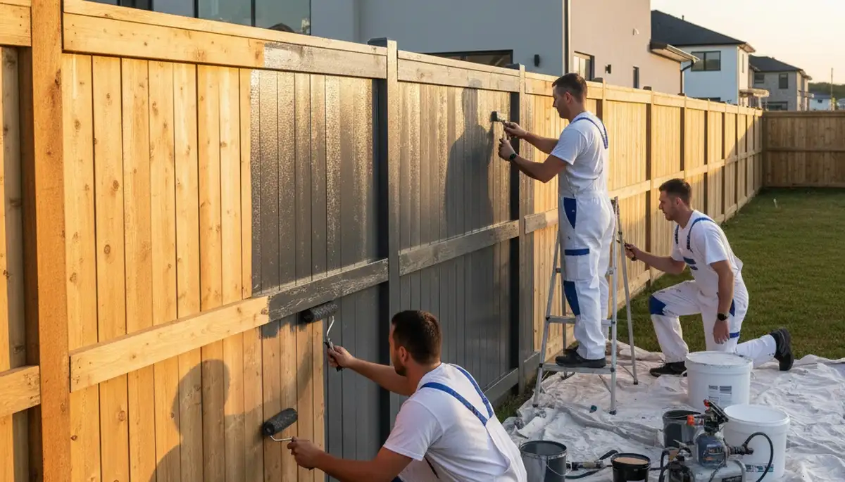 Professional fence painters staining wood fence in Overland Park, KS for long-lasting curb appeal