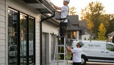 Professional gutter painting on a suburban home in Overland Park, KS by expert house painters