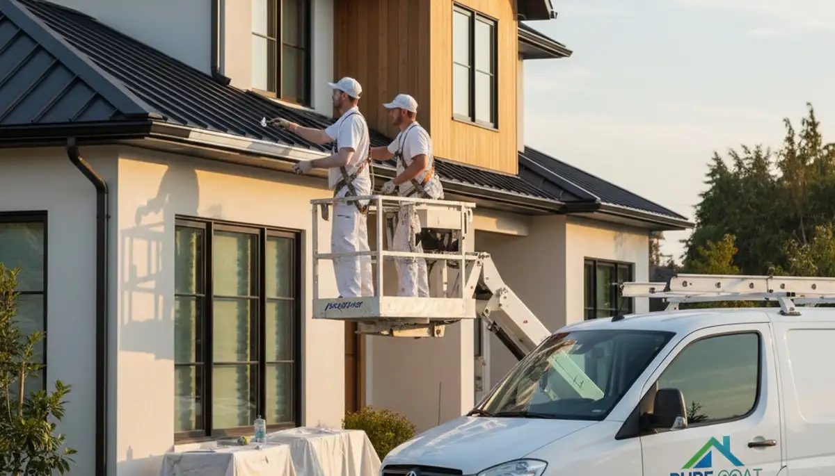 Professional gutter painting on a suburban home in Overland Park, KS by expert house painters