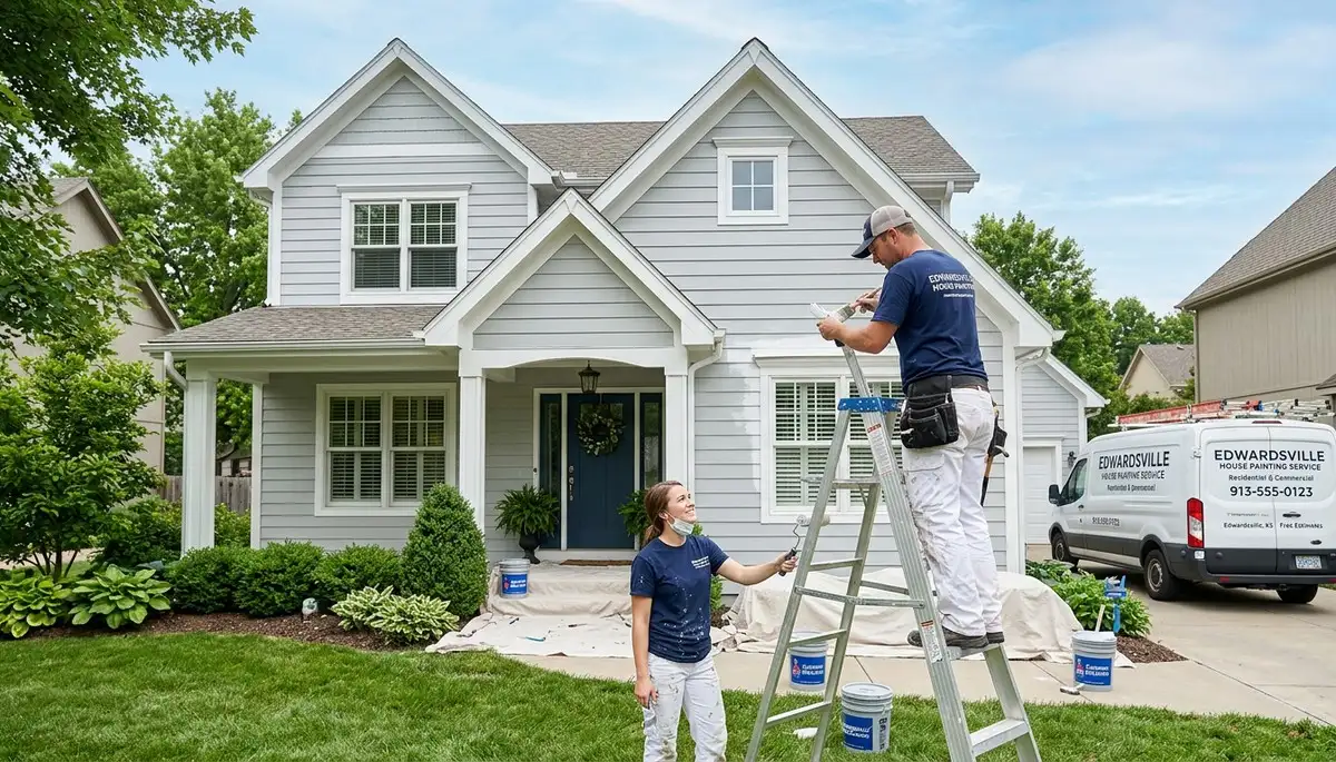 Professional house painters finishing interior walls in Overland Park KS home