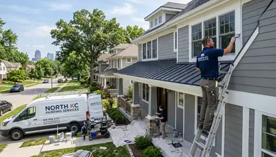 Professional house painters working on interior wall painting in Overland Park KS home