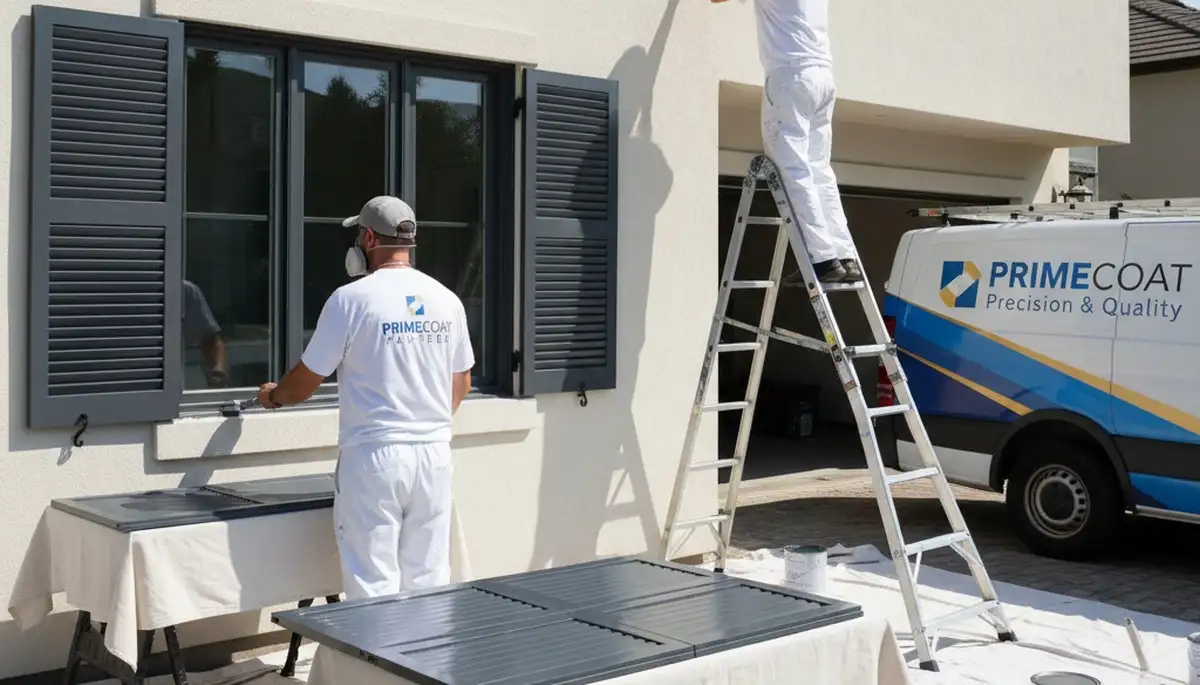 Professional painters refinishing exterior shutters in Overland Park, KS for lasting color and weather protection