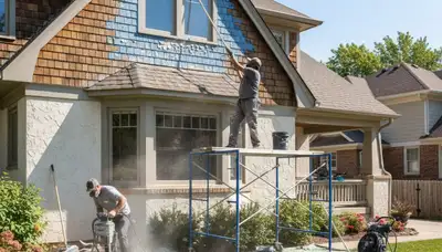 Professional exterior surface preparation by house painters in Overland Park, KS before repainting