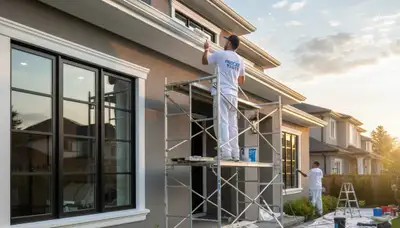 Professional trim and fascia painting on a home exterior in Overland Park, KS by expert house painters