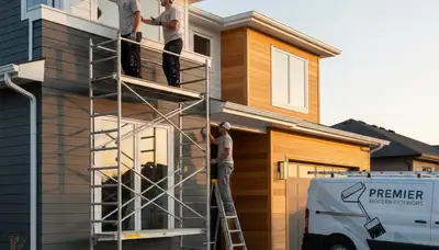 Professional trim and fascia painting on suburban home in Overland Park, KS by expert house painters